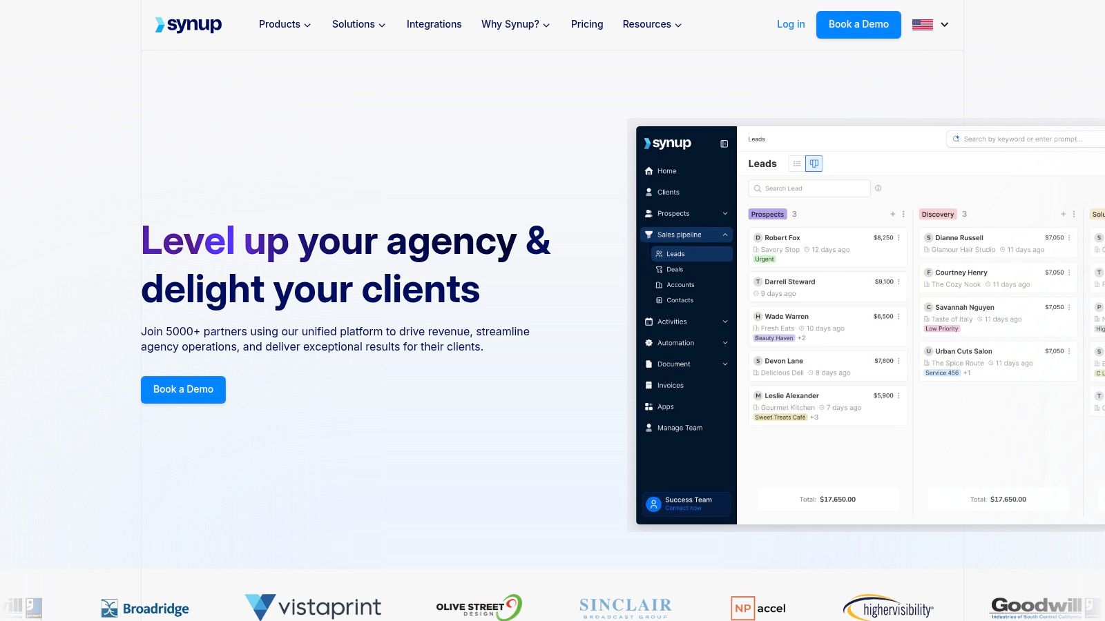 Synup's CRM and dashboard capabilities, showcasing its reseller-focused tools.