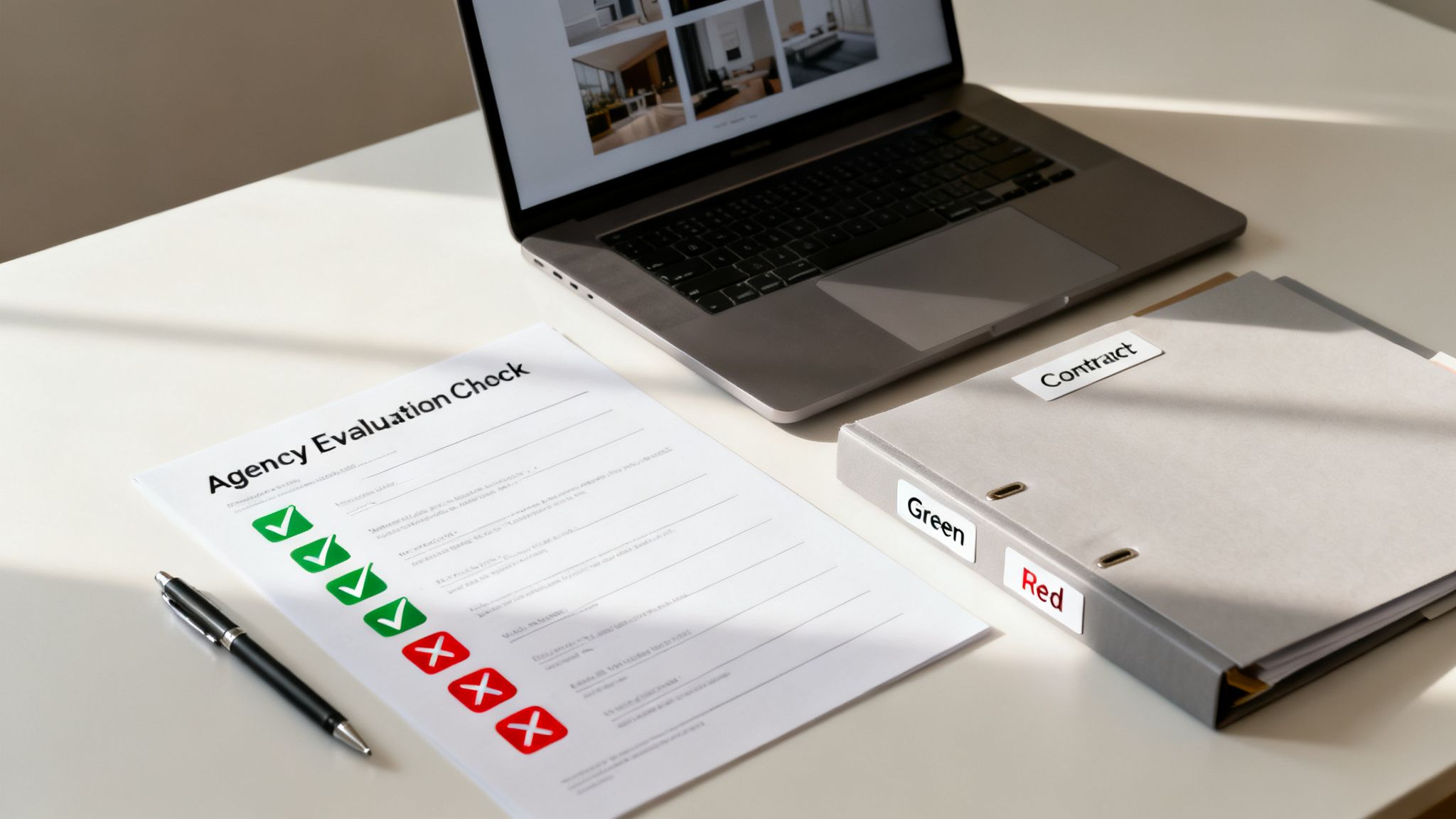 A professional desk setup with a laptop, 'Agency Evaluation Check' document, and a binder labeled 'Contract'.