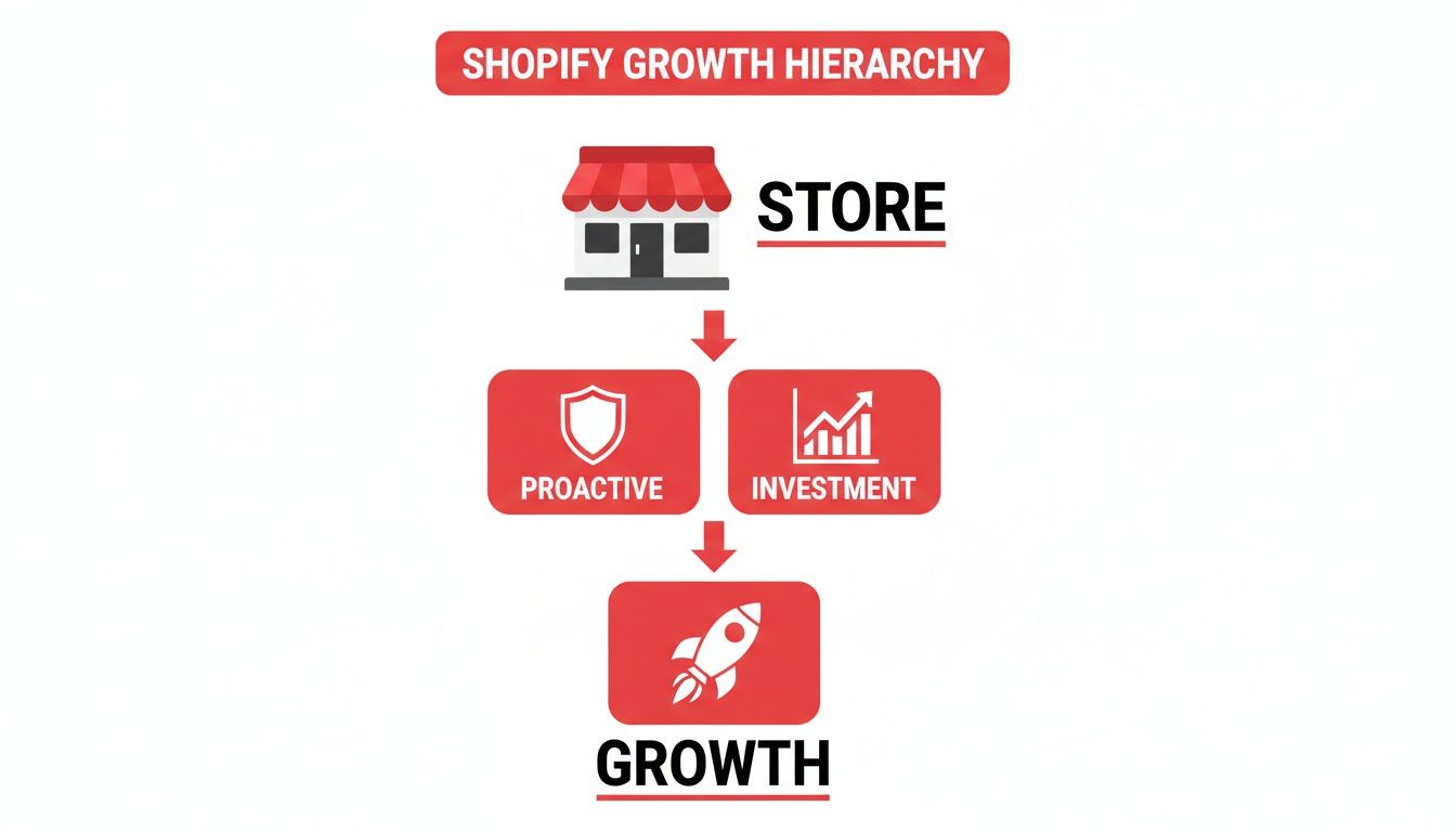 Shopify Growth Hierarchy diagram showing a store leading to proactive and investment, ultimately resulting in growth.