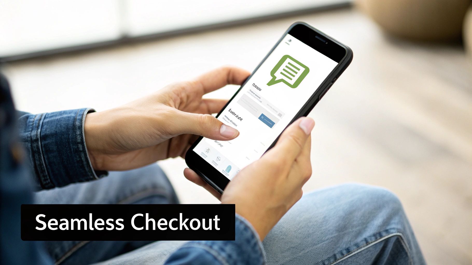 A person uses a smartphone displaying a mobile app with a chat logo, highlighting seamless e-commerce checkout.