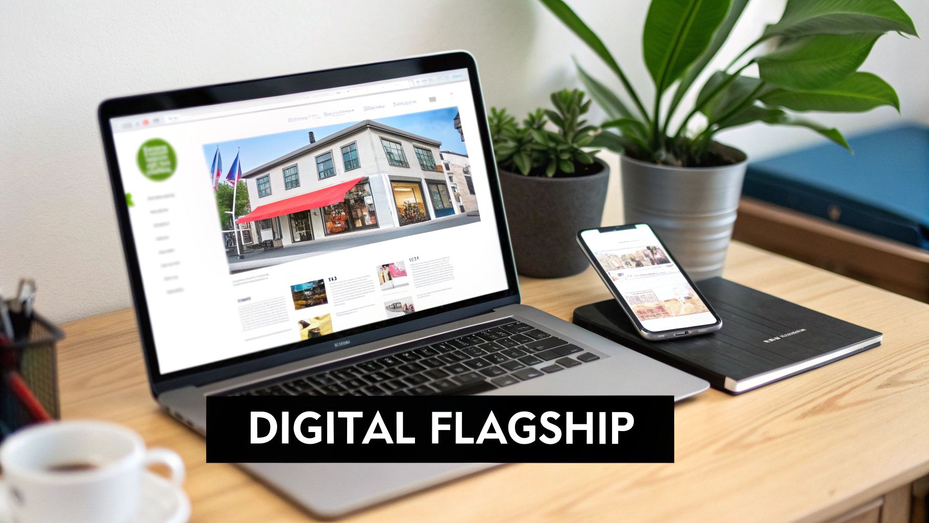 A laptop displaying an ecommerce website and a smartphone on a notebook, representing a digital flagship store.