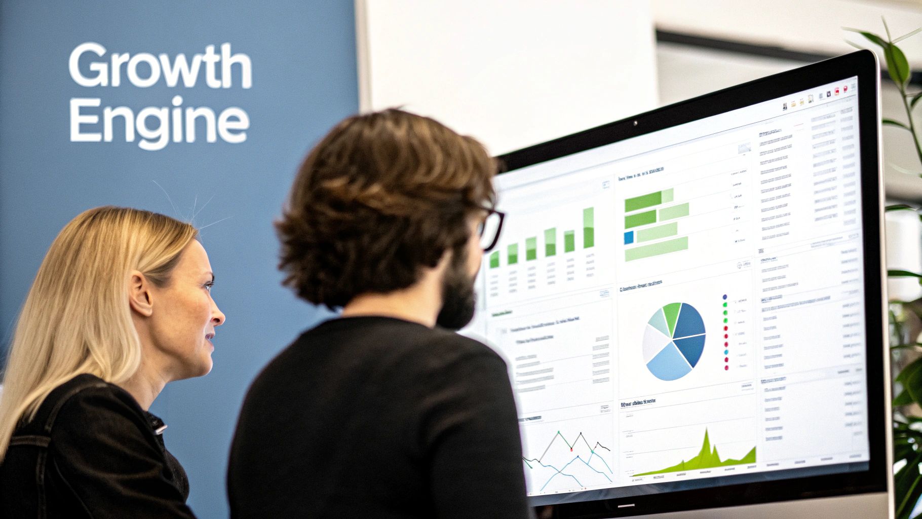 Two business professionals analyzing data and growth metrics on a large computer screen.