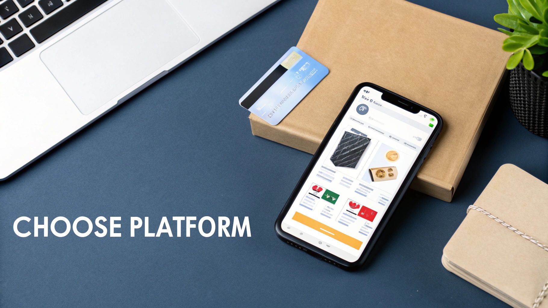 Flat lay of an e-commerce shopping experience with a smartphone, credit card, and laptop.