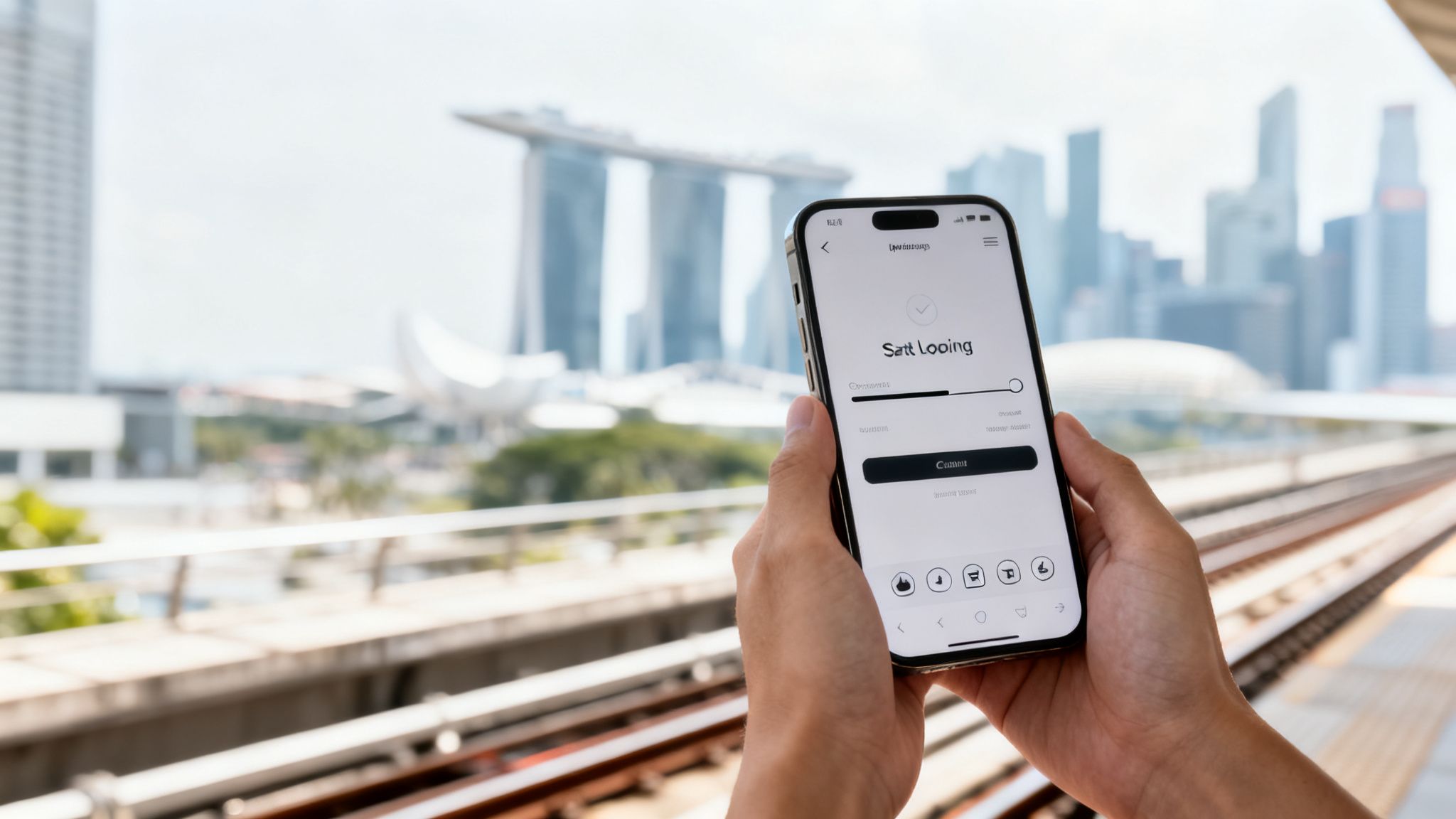A person holds a smartphone displaying an app with the iconic Singapore skyline and train tracks.