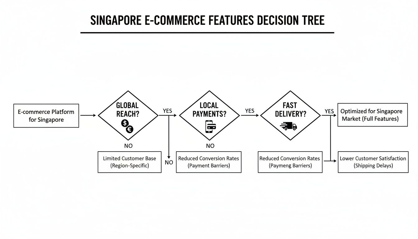 Decision tree for Singapore e-commerce features, evaluating global reach, local payments, and fast delivery.