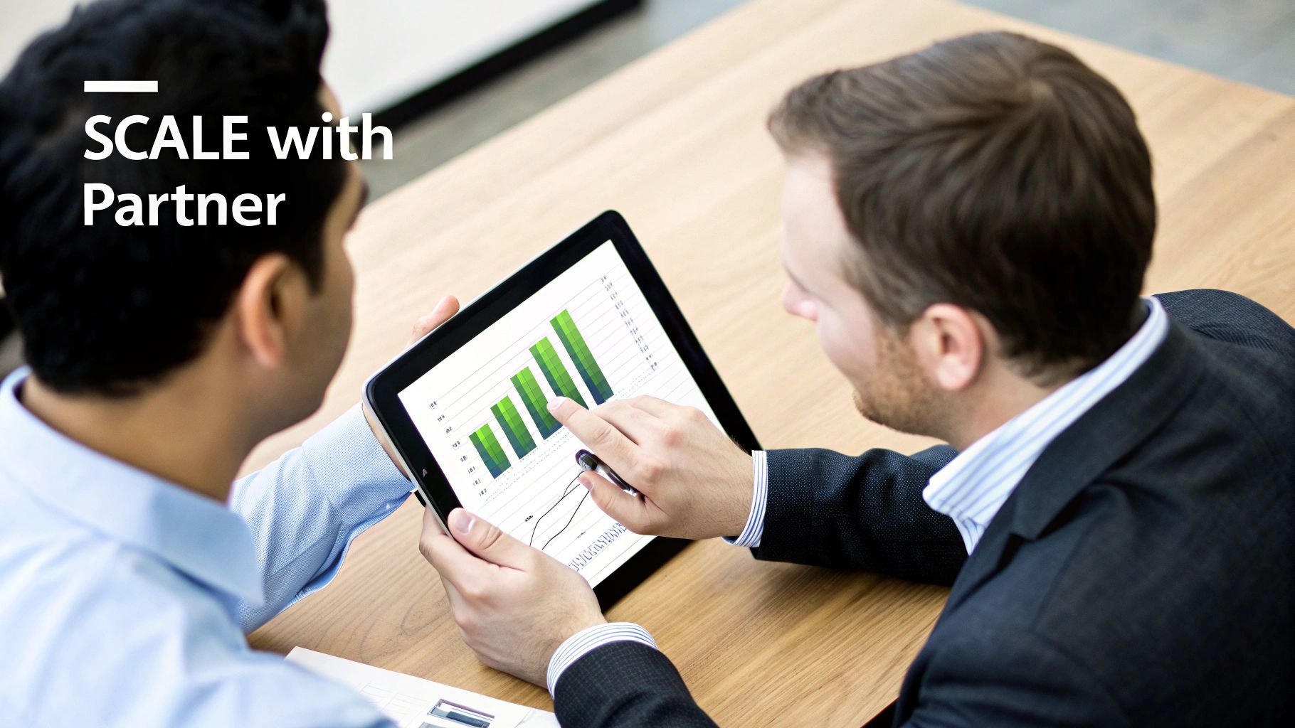 Two men collaborating and analyzing data on a tablet, showcasing business growth and partnership.