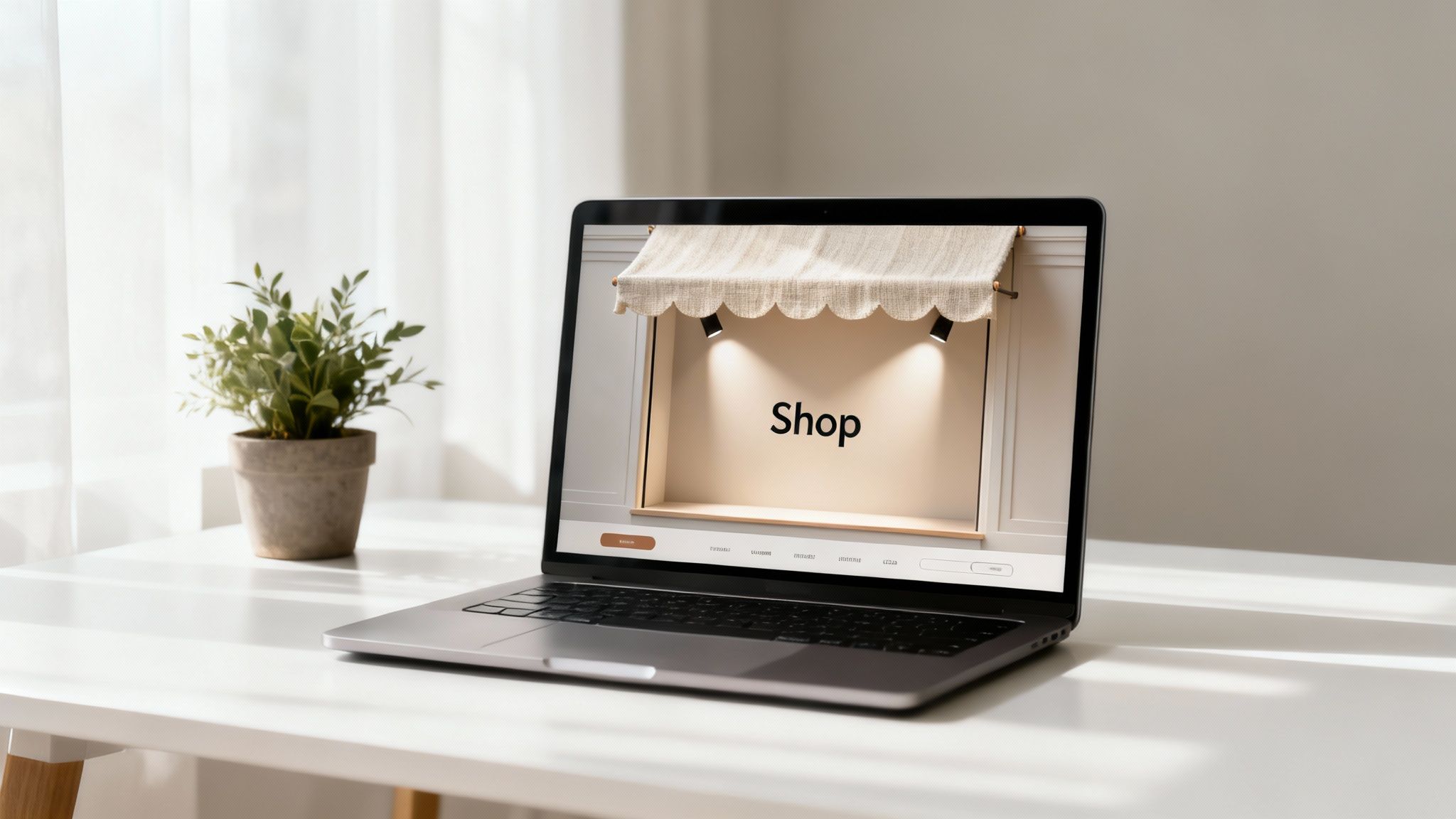 A laptop on a white desk displays a stylish e-commerce website featuring a shop window design.