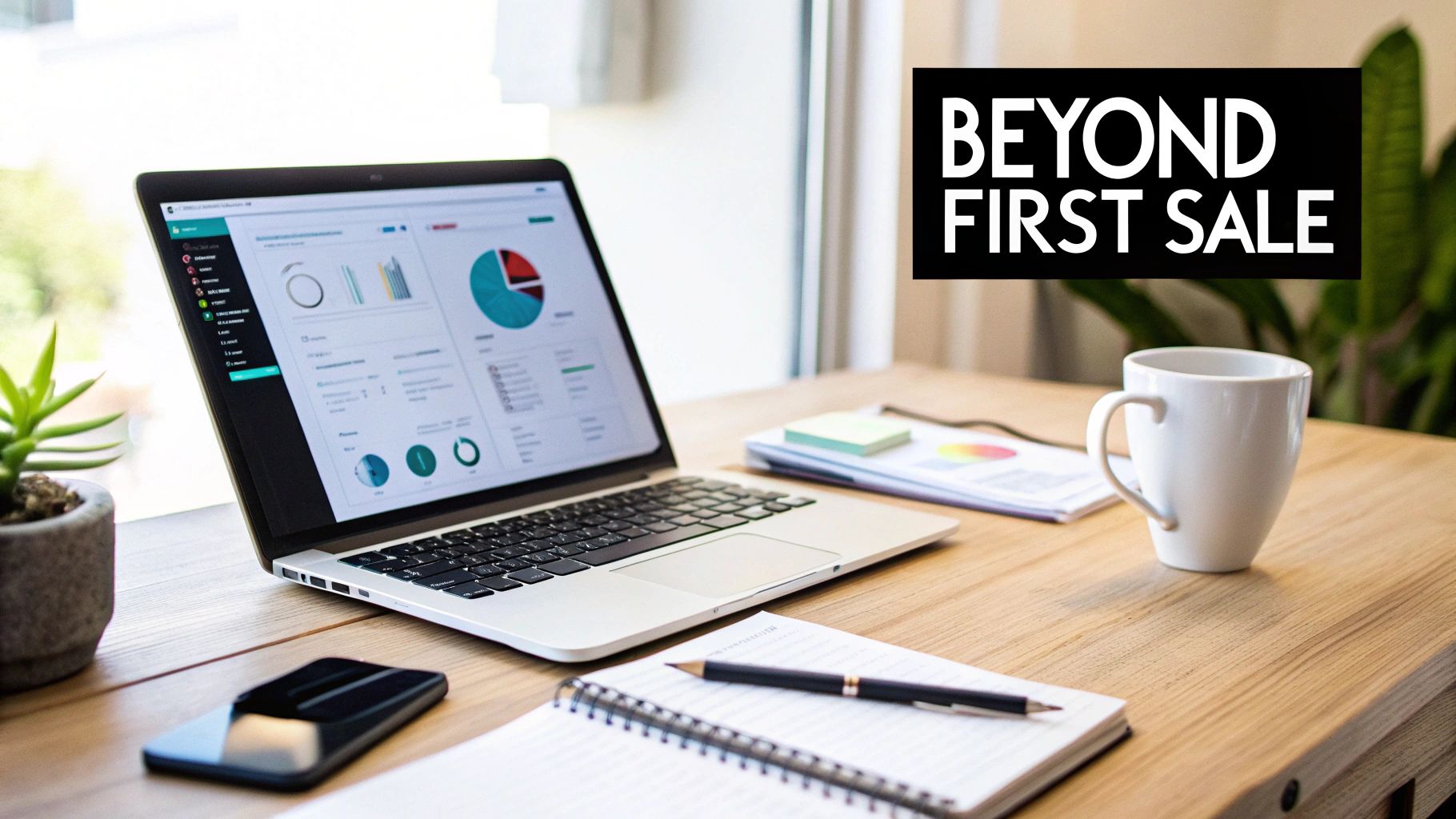 A workspace with a laptop displaying business analytics, a phone, and a notebook on a wooden desk.