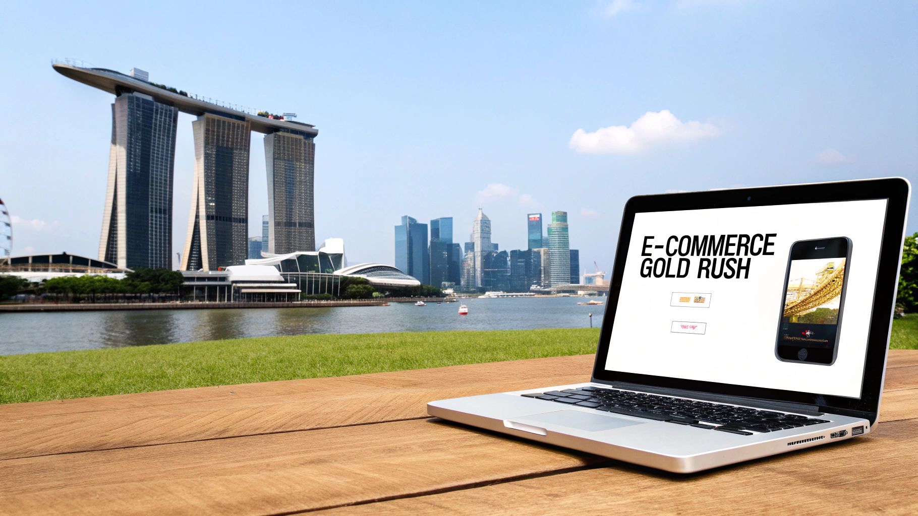 A laptop with 'E-COMMERCE GOLD RUSH' on screen, set against the Singapore city skyline.