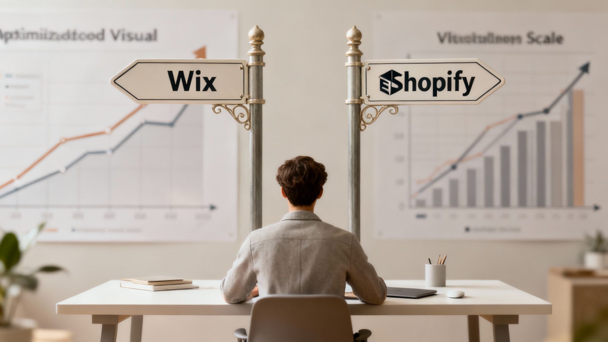 A person at a desk contemplating a choice between Wix and Shopify platforms, indicated by signposts and growth charts.