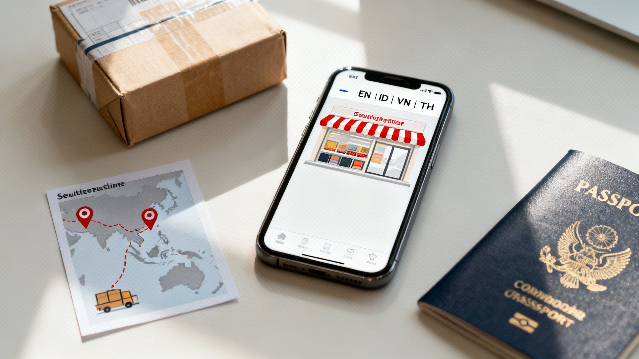 A flat lay of a shipping box, smartphone with e-commerce app, travel map, and passport.