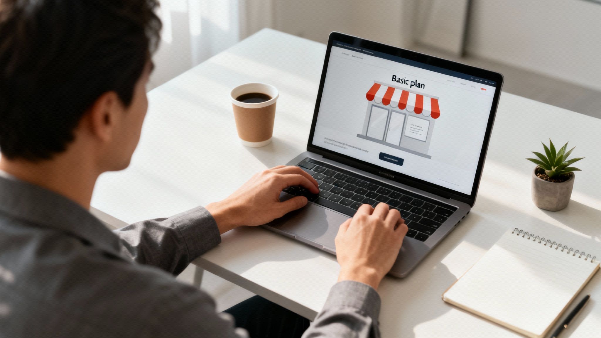 Person typing on a laptop displaying a 'Basic plan' webpage for a store, with coffee and a plant on a white desk.