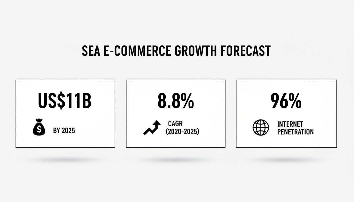 An infographic summarizing Southeast Asia e-commerce growth forecast with key financial and penetration data.