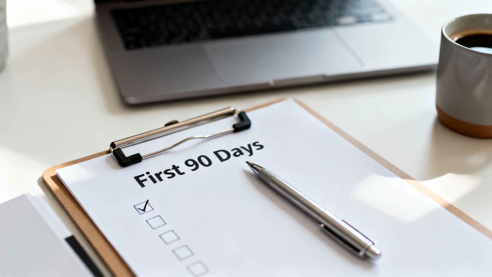 A clipboard with a "First 90 Days" checklist, a pen, laptop, and coffee mug on a white desk.