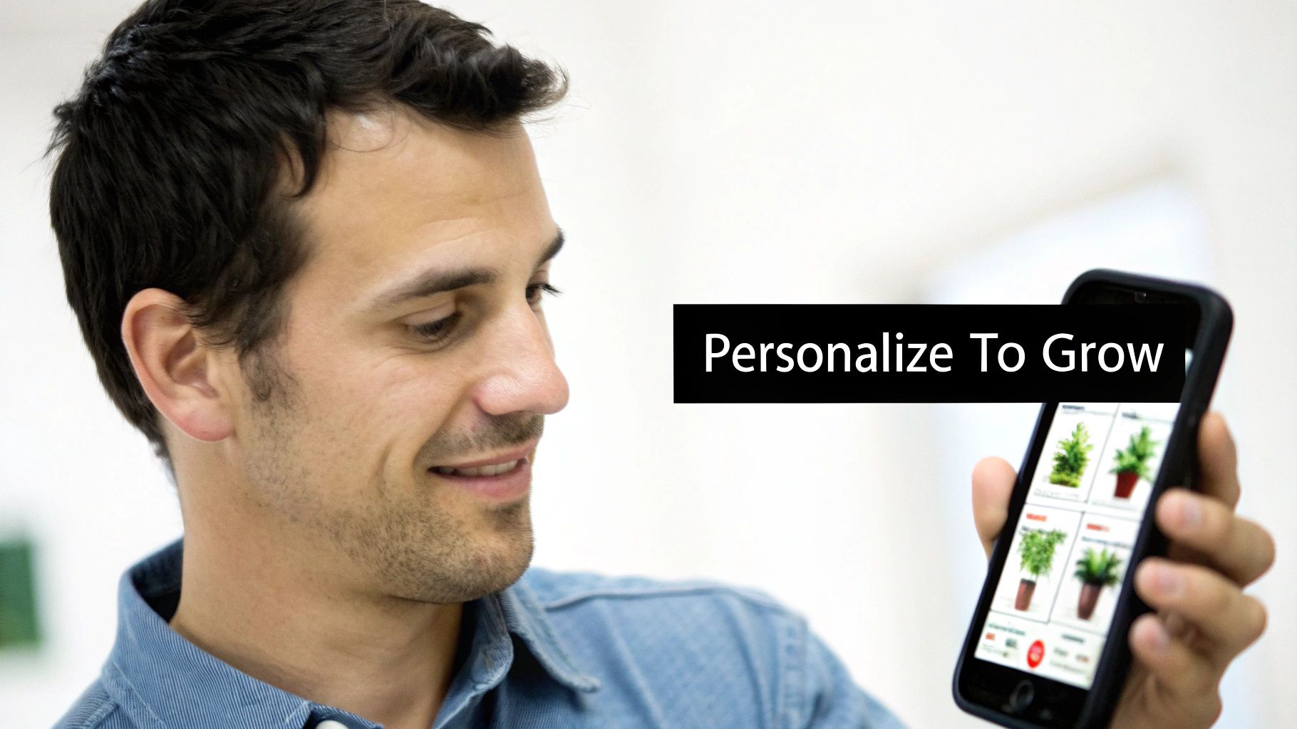 Smiling man viewing a plant shopping app on his phone, with 'Personalize To Grow' text.