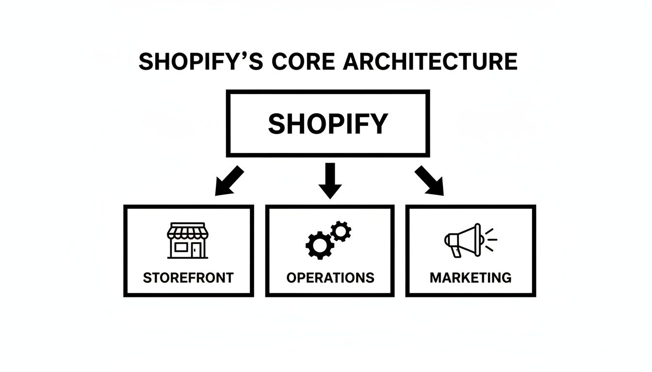 Diagram illustrating Shopify's core architecture, showing storefront, operations, and marketing components.