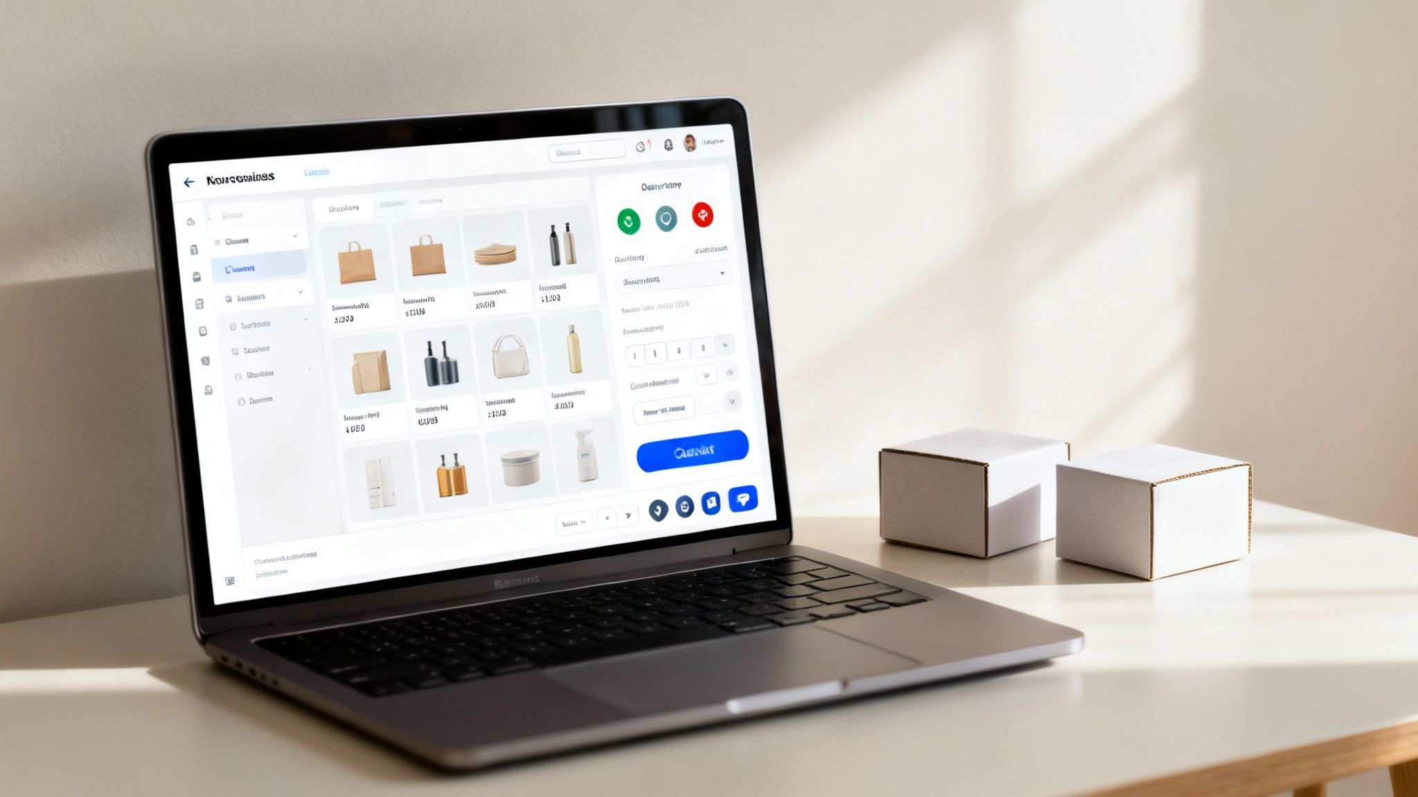 A laptop on a desk displays an e-commerce dashboard showing product listings and order management. Two small cardboard boxes are next to it.