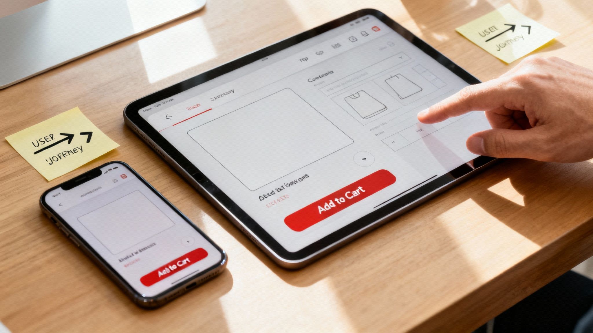 A hand taps an e-commerce website on a tablet, with a smartphone and 'User Journey' notes nearby.