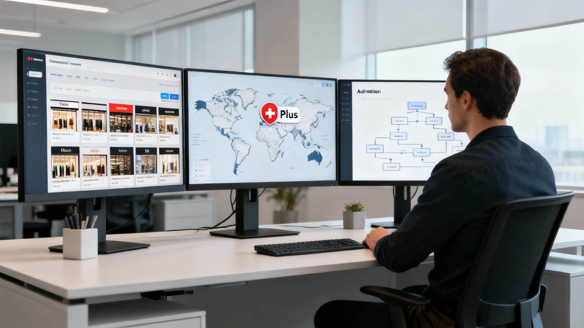 A man works at a triple monitor setup displaying e-commerce, global map, and flowchart in a modern office.