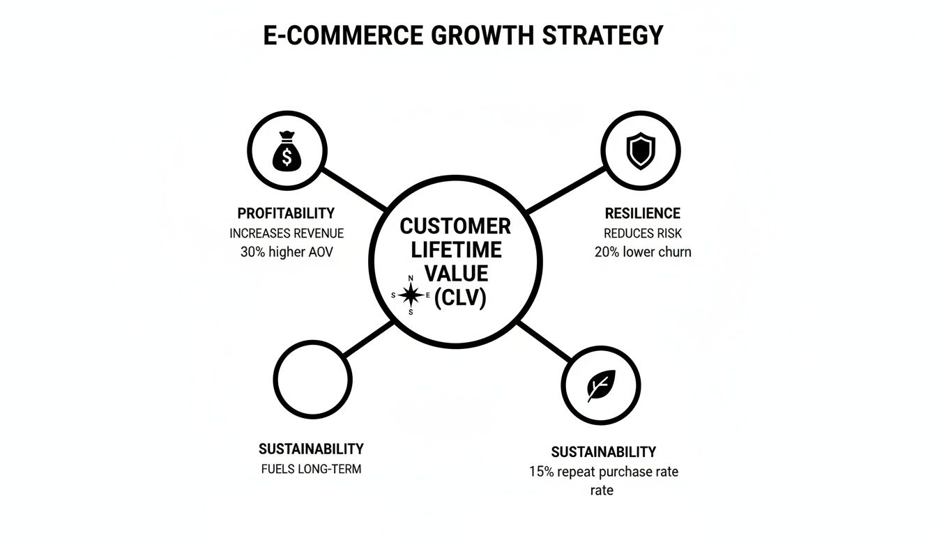 An E-commerce growth strategy diagram with Customer Lifetime Value (CLV) at its core, showing profitability, resilience, and sustainability factors.