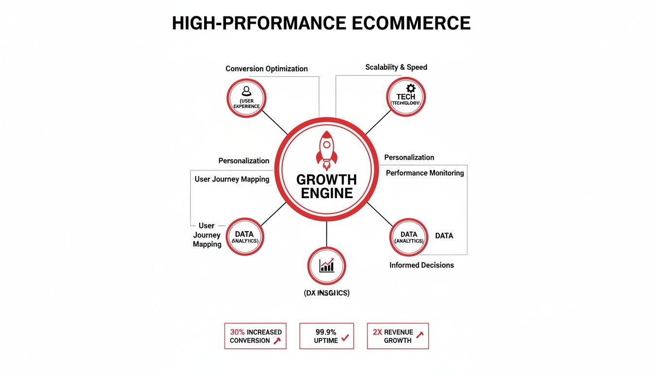 Diagram illustrating a growth engine for high-performance ecommerce, focusing on user experience, technology, data, and personalization.