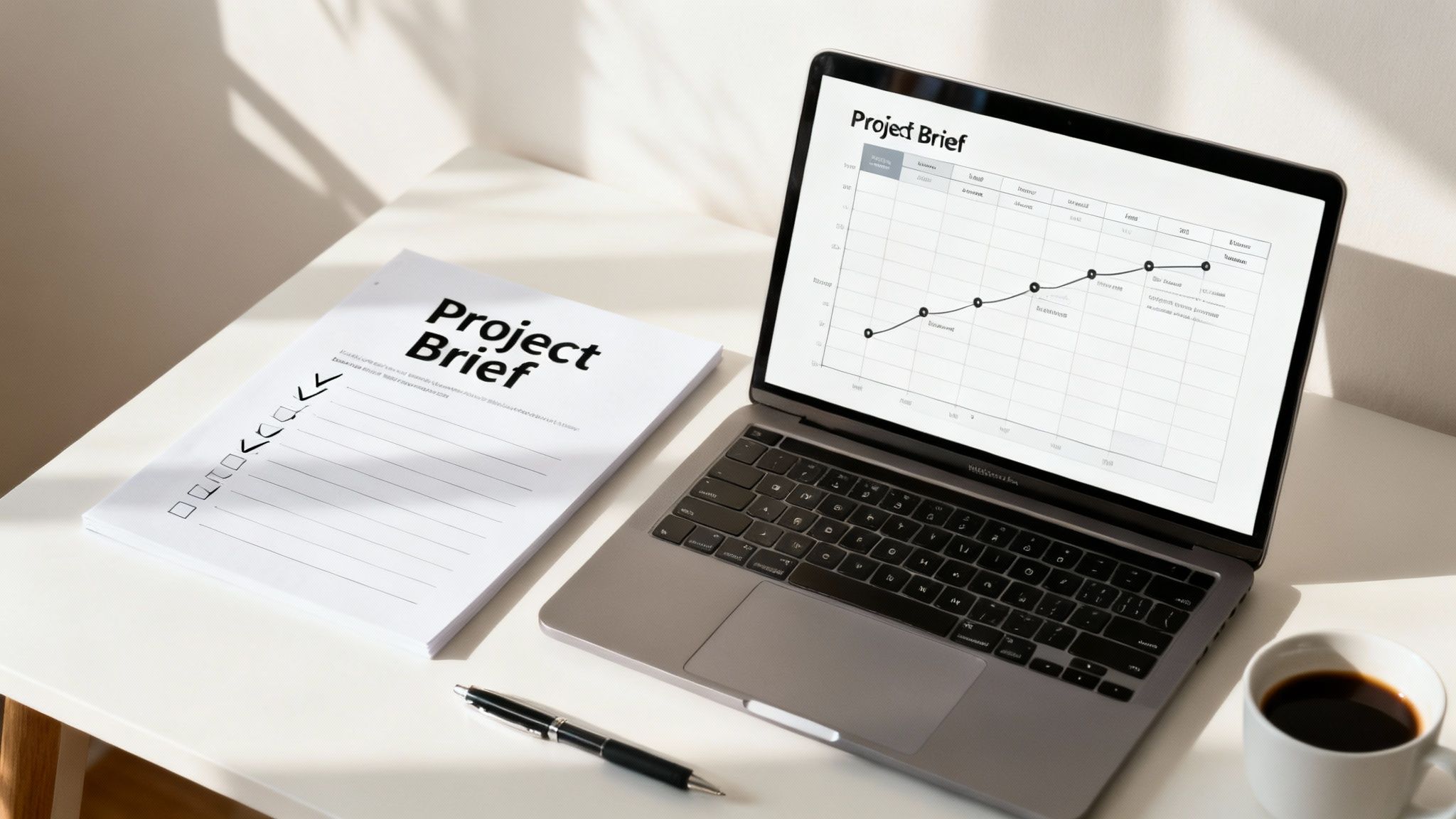 A minimalist workspace featuring a laptop with a project brief graph, documents, a pen, and a coffee cup.