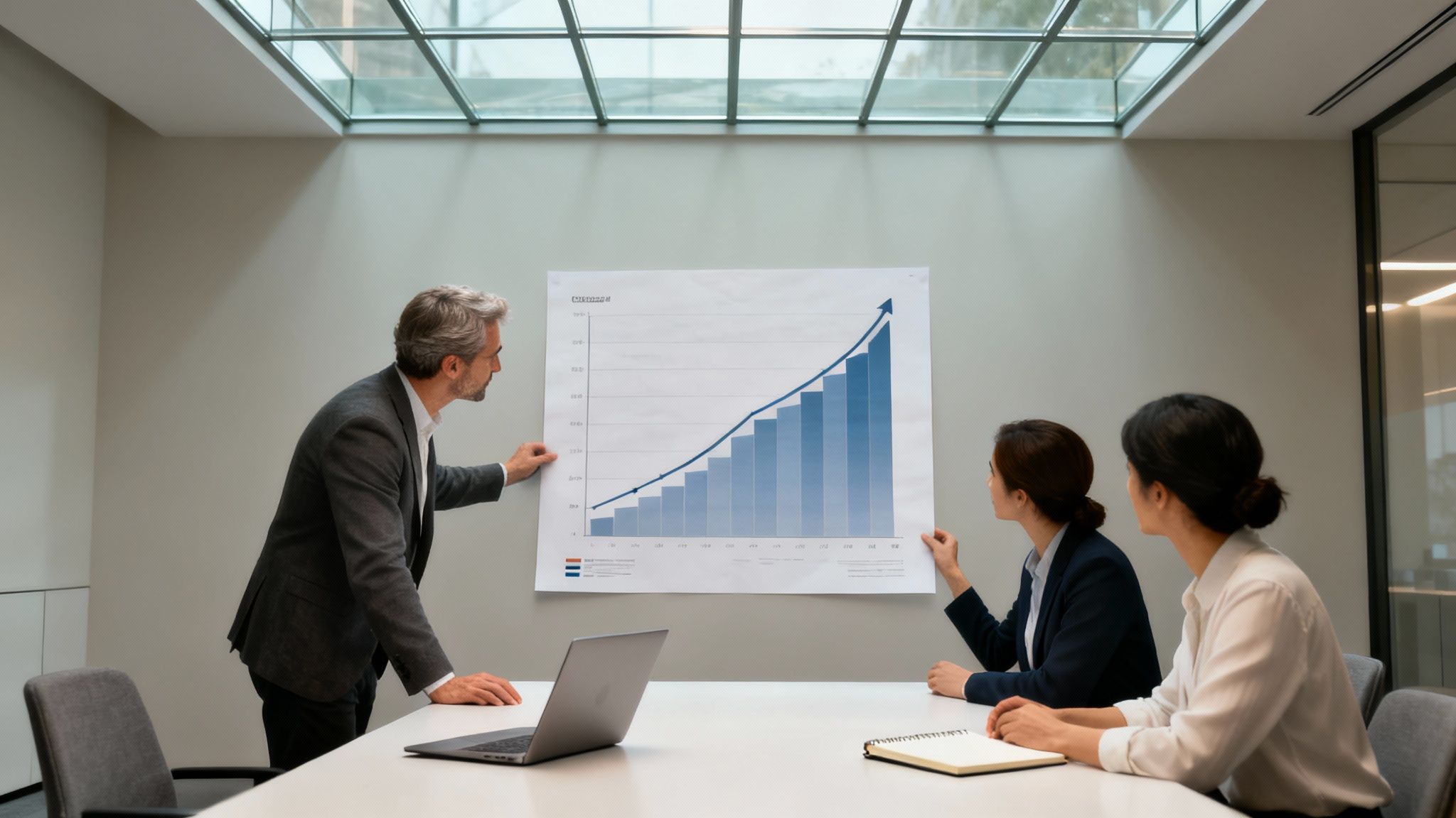 Three business people, including a man and two women, review a growth chart in a modern meeting room.