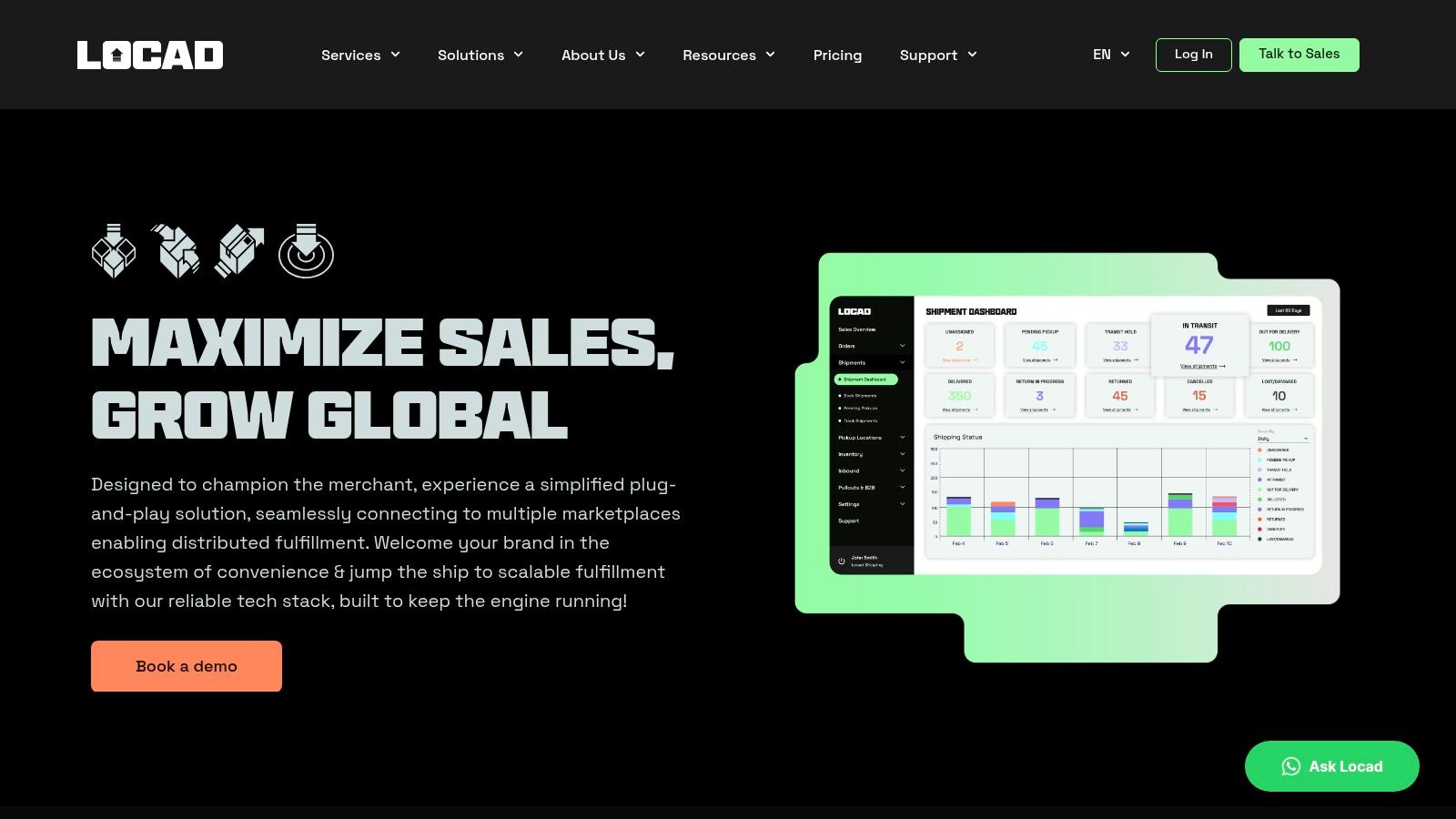 Locad's cloud-based dashboard showing a centralised view of shipments and order status across multiple channels.