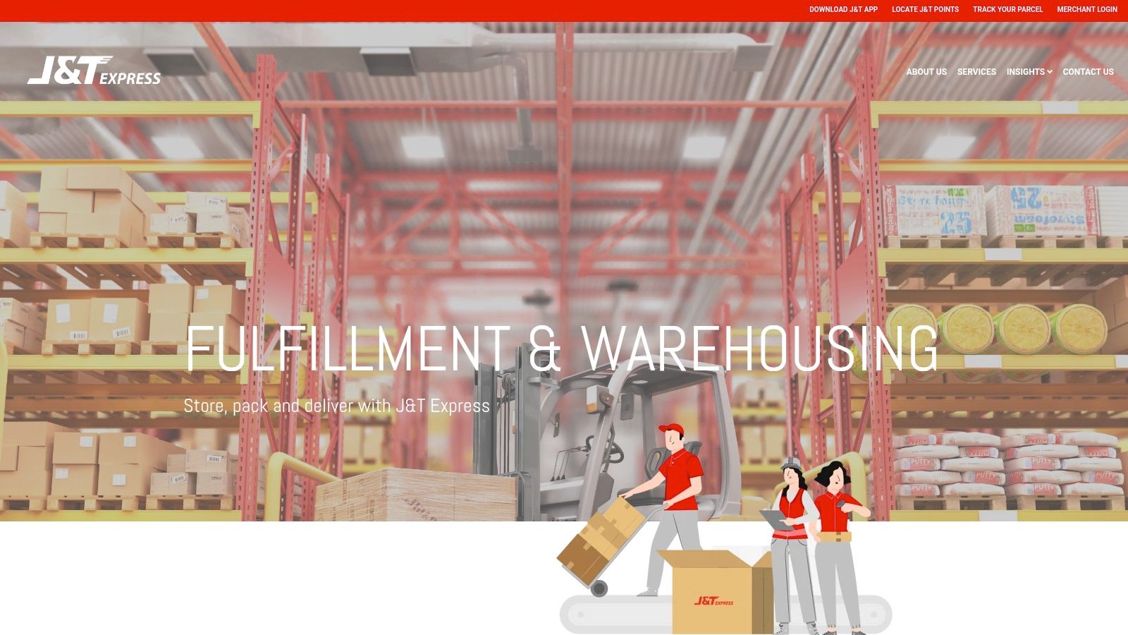 J&T Express Singapore's fulfilment centre showing their organized warehouse and staff at work.
