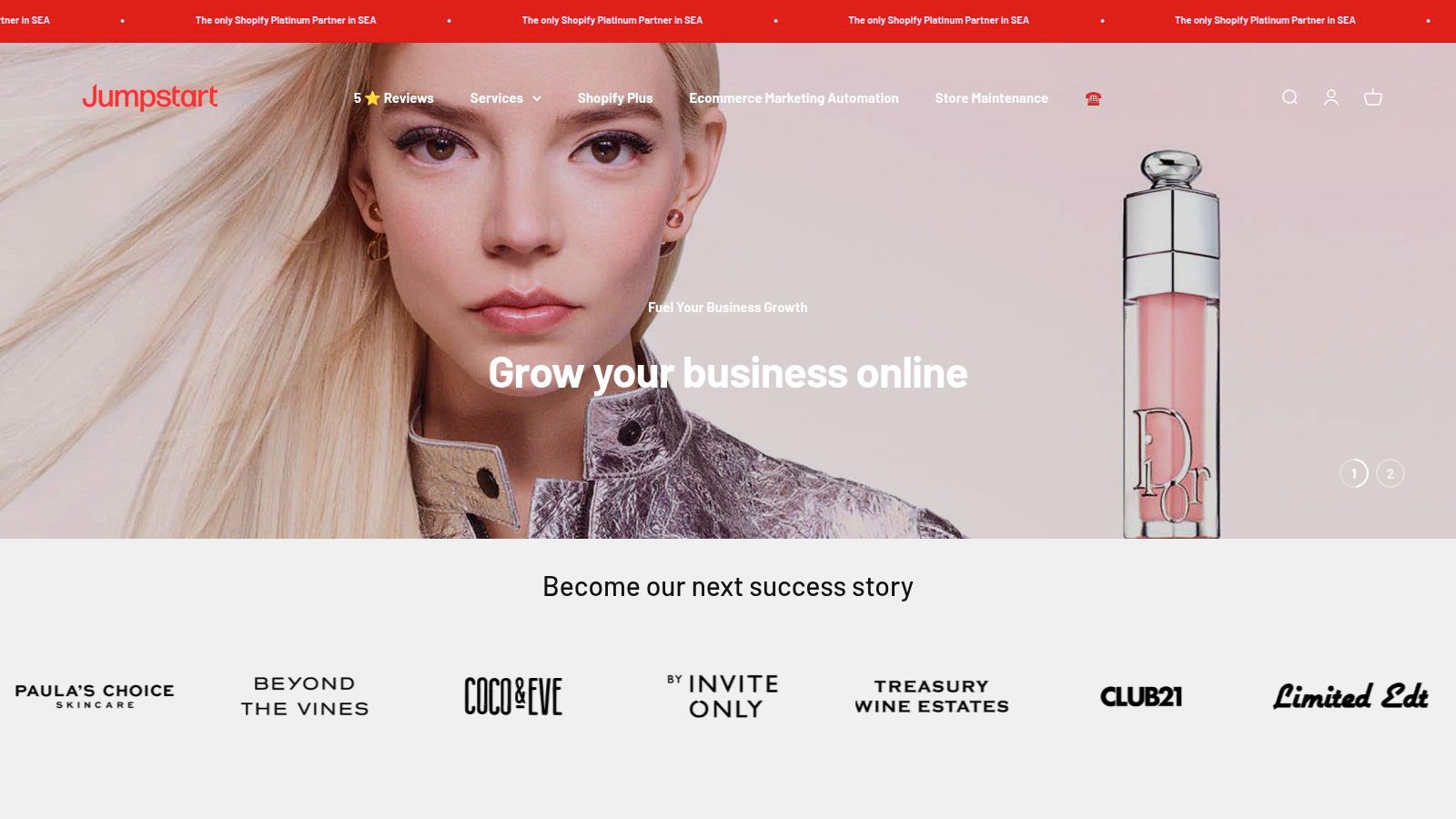 Jumpstart Commerce's website showcasing their expertise in Shopify web designs.