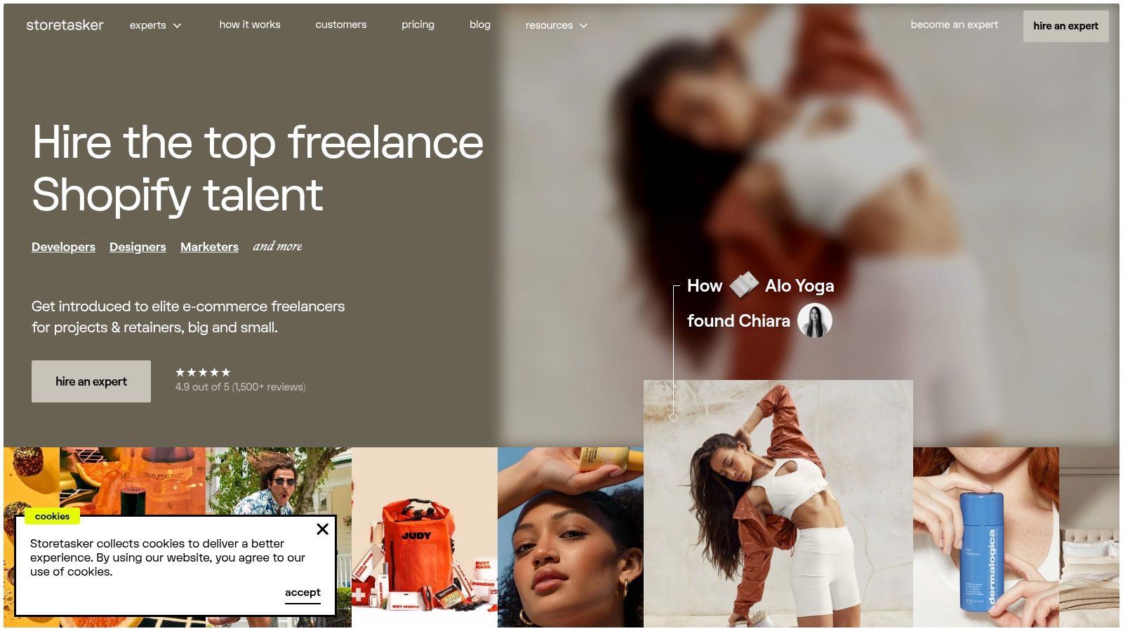 A screenshot of the Storetasker homepage, showing its value proposition of connecting merchants with vetted Shopify experts.