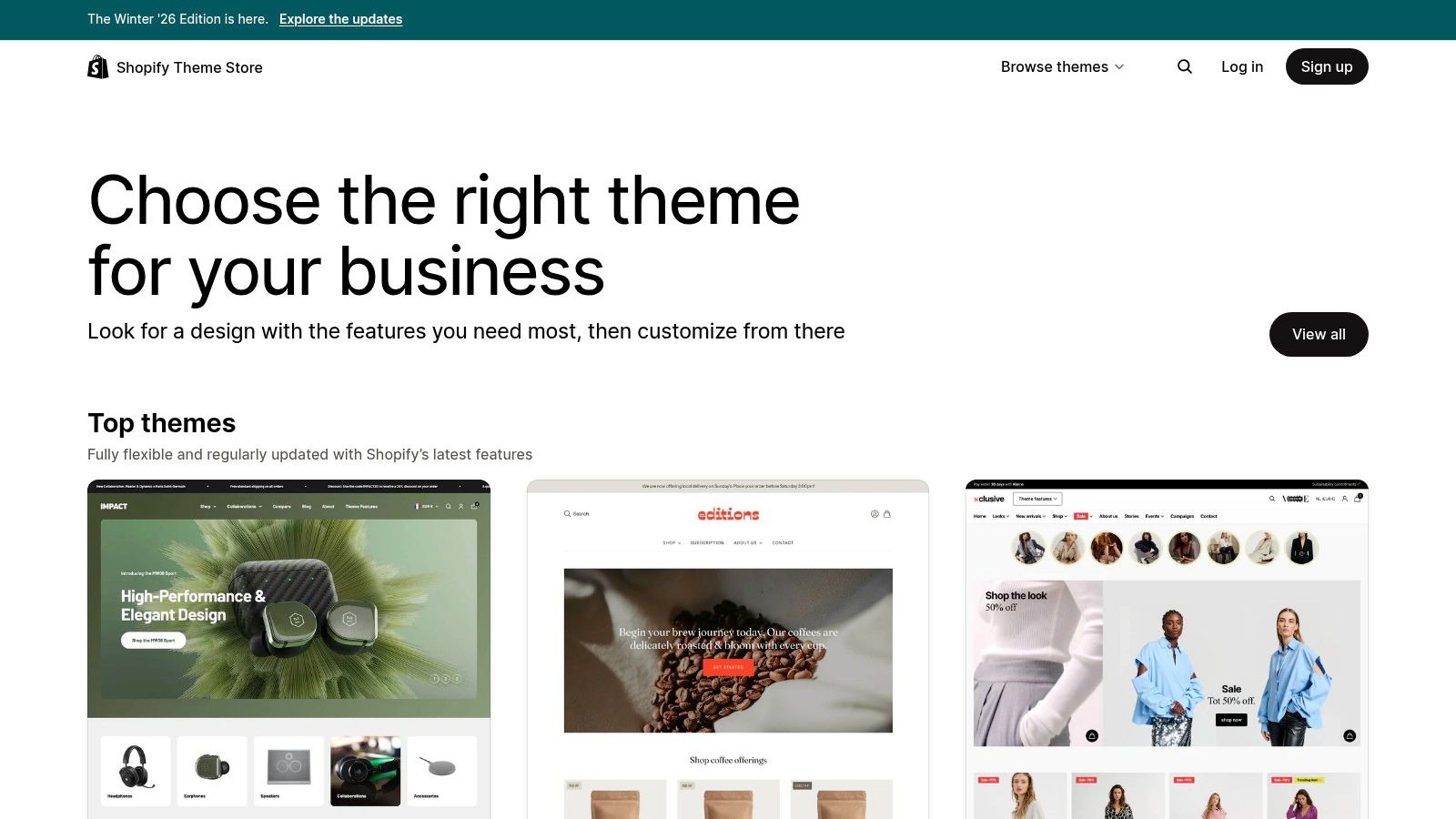 A screenshot of the Shopify Theme Store homepage showcasing various theme designs.