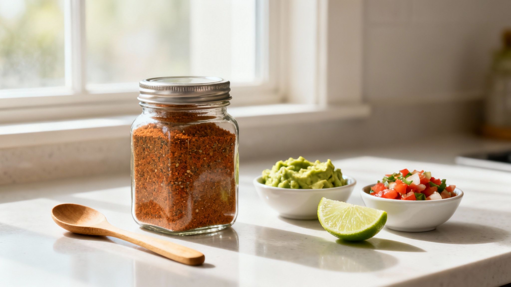 Słoik przyprawy do taco, drewniana łyżka, guacamole, salsa i limonka na blacie kuchennym.