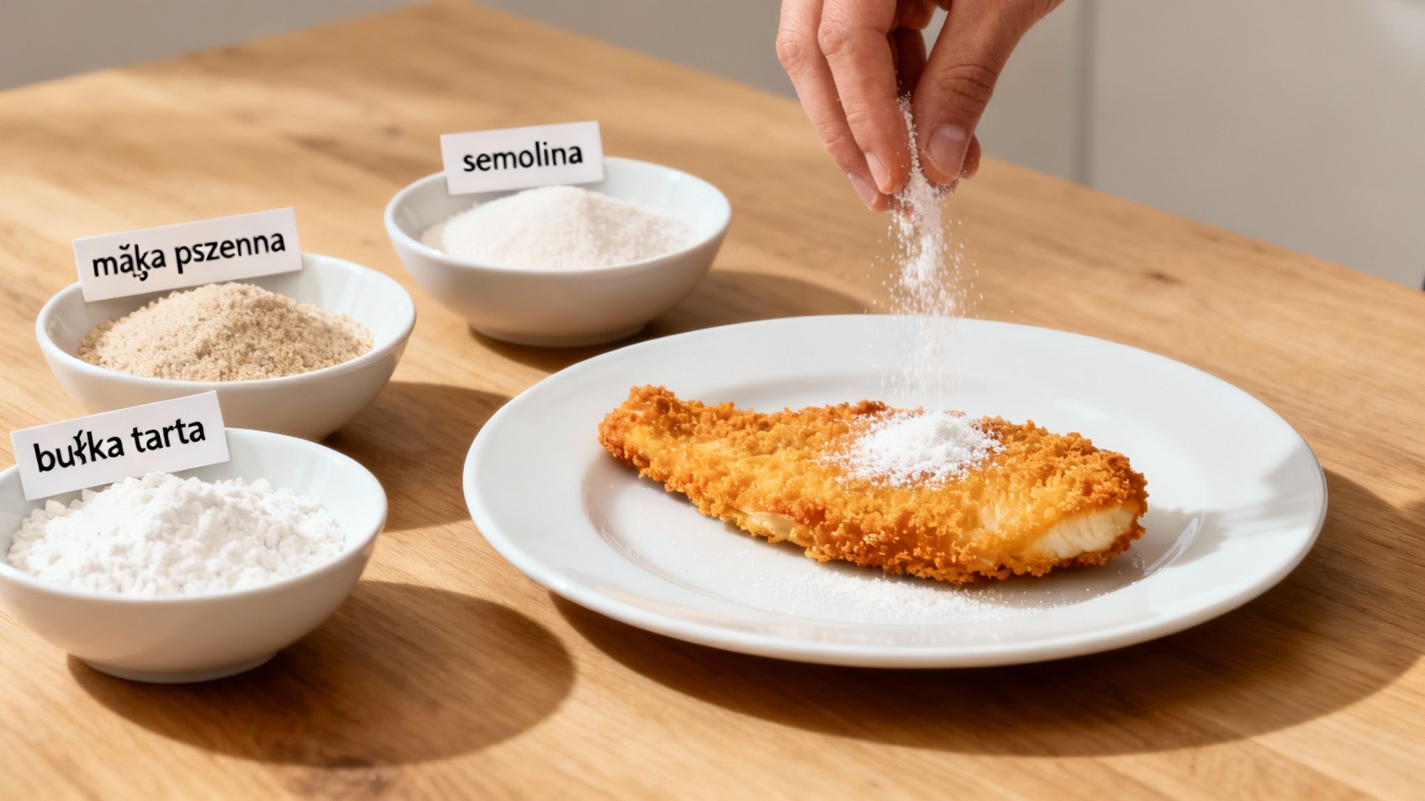 Ręka posypuje panierowaną rybę lub mięso, obok miseczek z mąką pszenną, bułką tartą i semoliną.