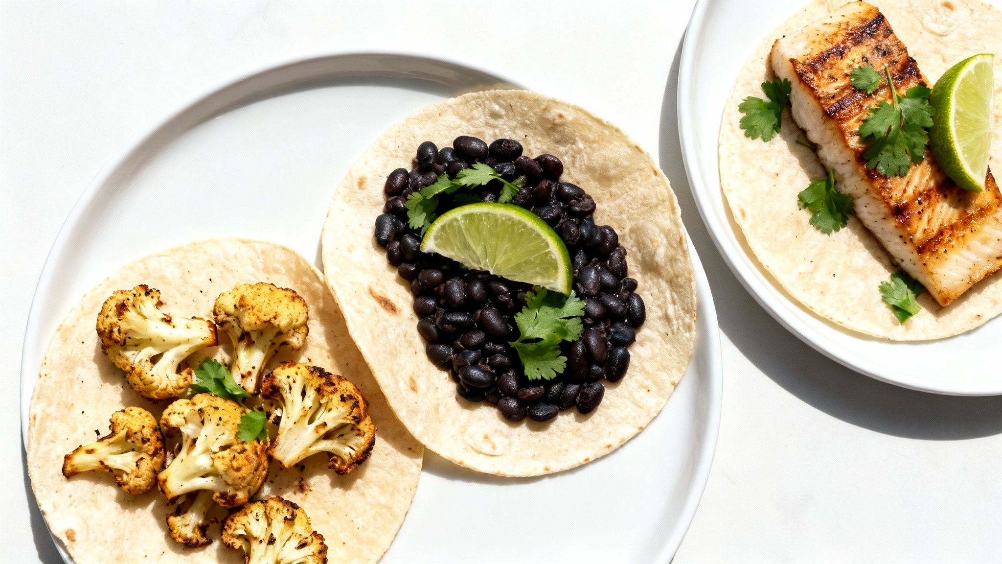 Trzy tacos na białych talerzach: z grillowaną rybą, czarną fasolą i pieczonym kalafiorem, udekorowane limonką i kolendrą.