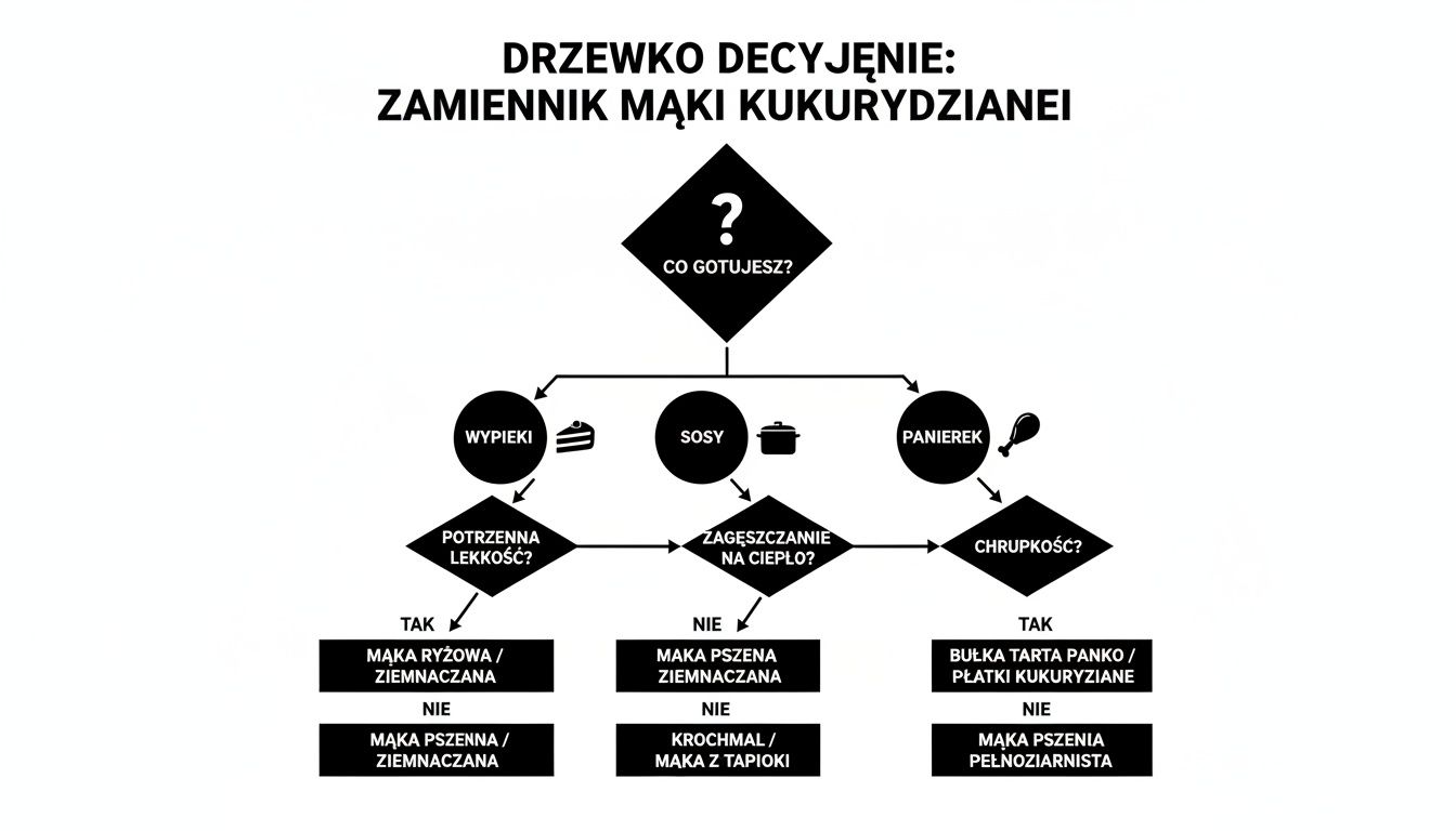 Drzewko decyzyjne z grafikami, przedstawiające zamienniki mąki kukurydzianej do wypieków, sosów i panierki.