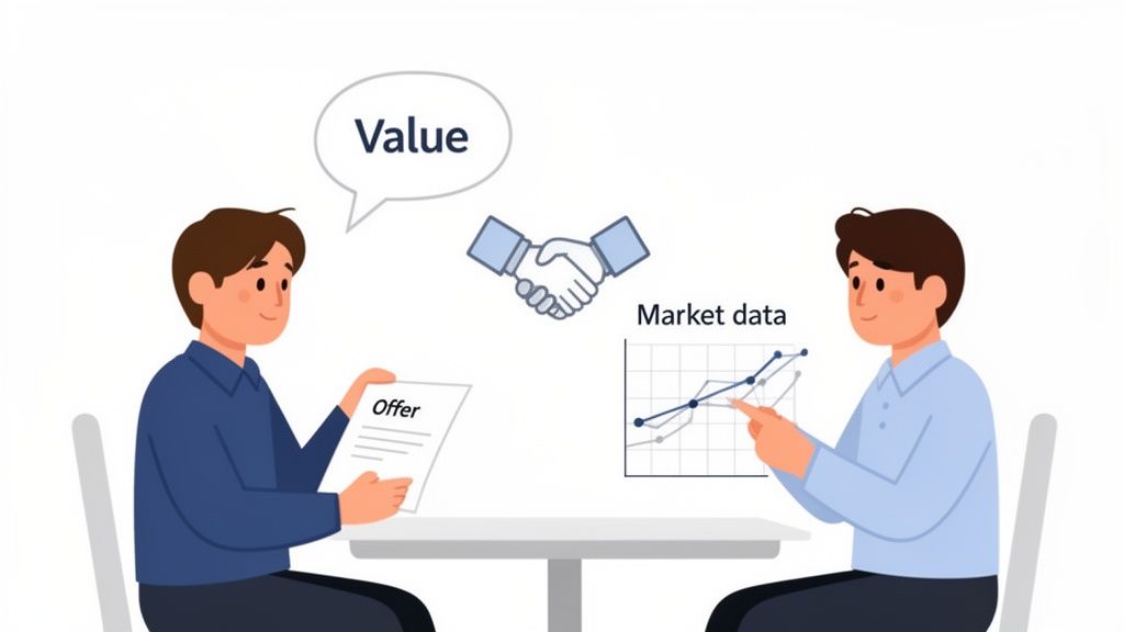 Two people discuss an offer, considering market data and value, symbolizing negotiation or agreement.