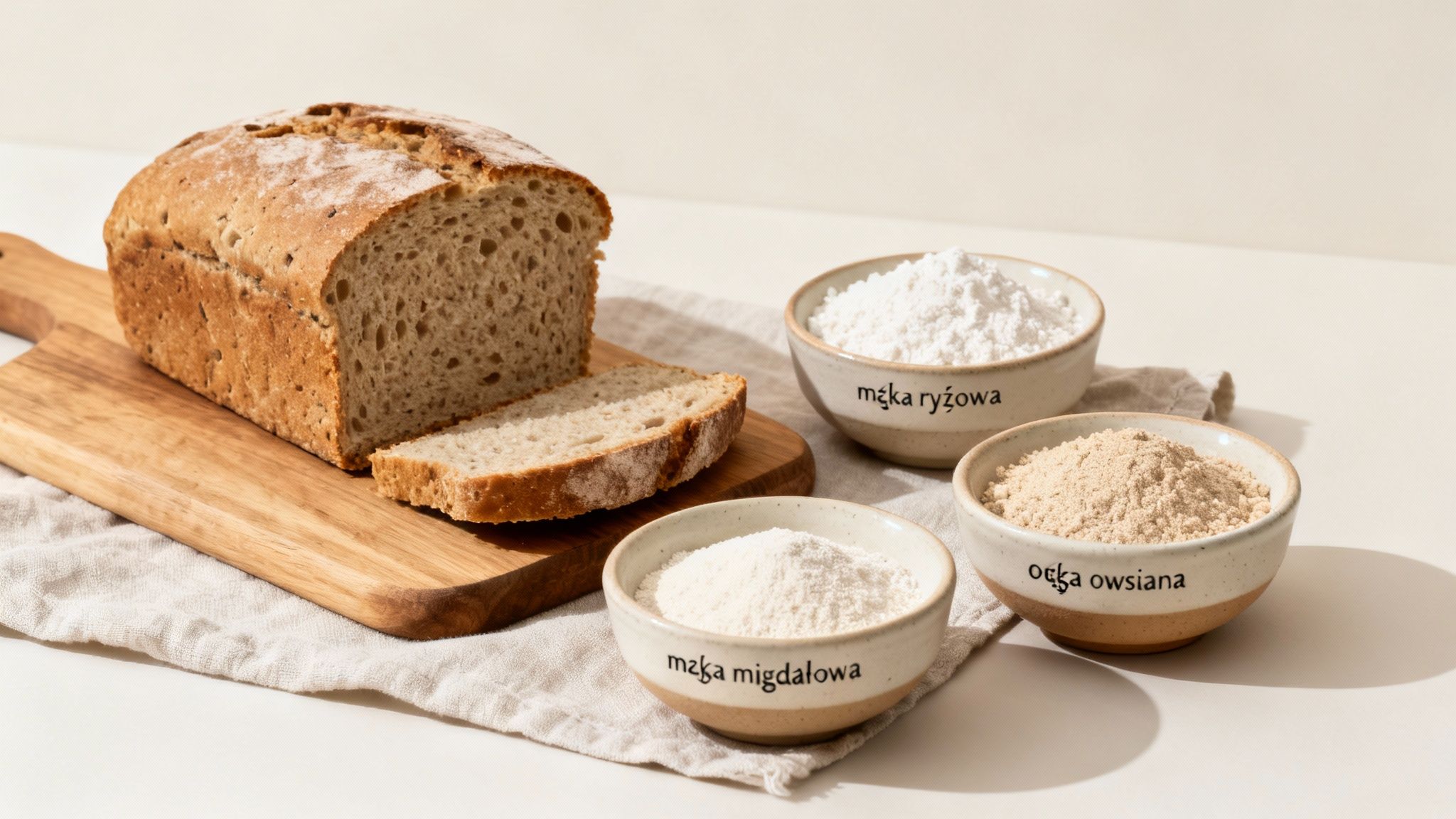 Pokrojony bochenek chleba na drewnianej desce obok trzech misek z mąkami: ryżową, owsianą i migdałową.