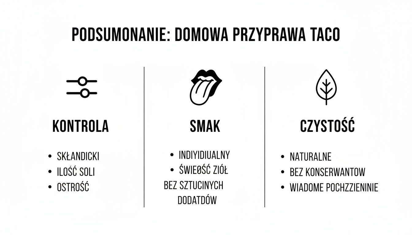 Infografika podsumowująca korzyści domowej przyprawy taco: kontrola składników, smak i czystość produktu.
