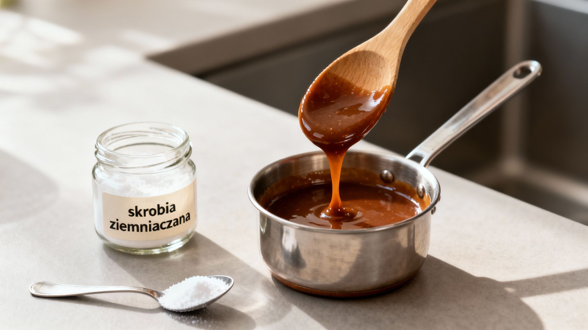Gęsty sos karmelowy spływa z drewnianej łyżki do garnka. Obok stoi słoik ze skrobią ziemniaczaną i łyżeczka białego proszku.