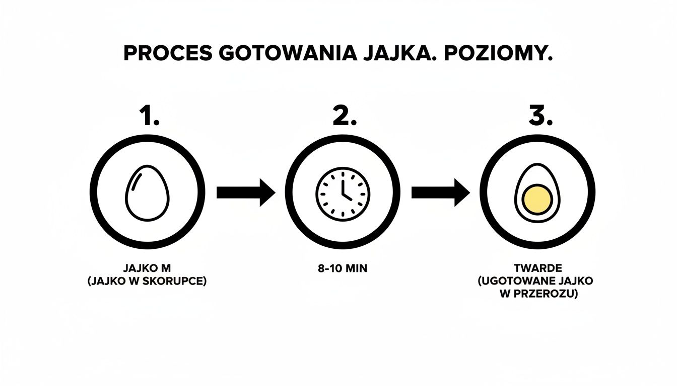 Grafika przedstawiająca trzystopniowy proces gotowania jajka na twardo, od surowego do ugotowanego, z czasem 8-10 minut.