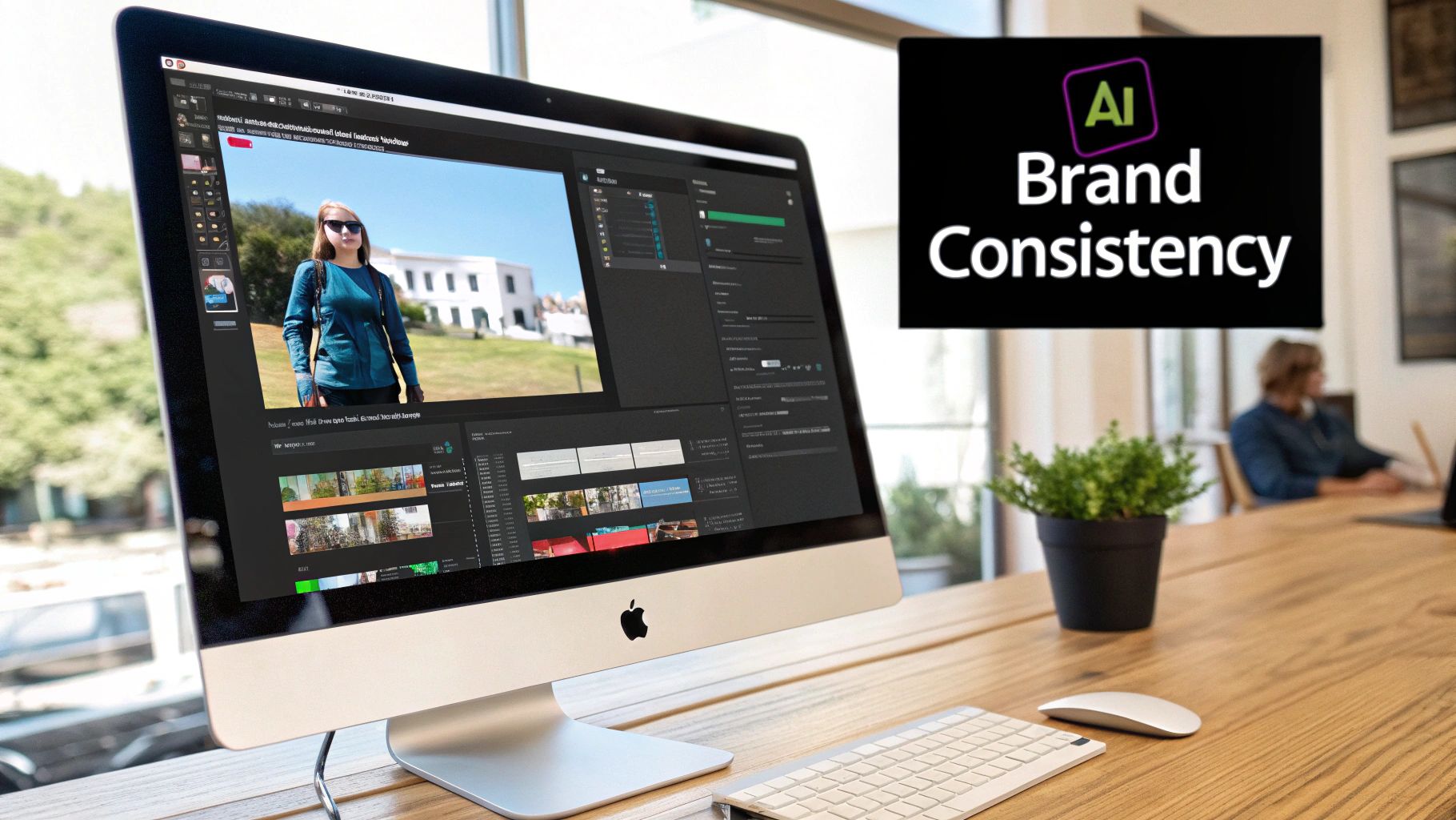 An Apple iMac on a modern wooden desk displays video editing software with 'AI Brand Consistency' overlay.