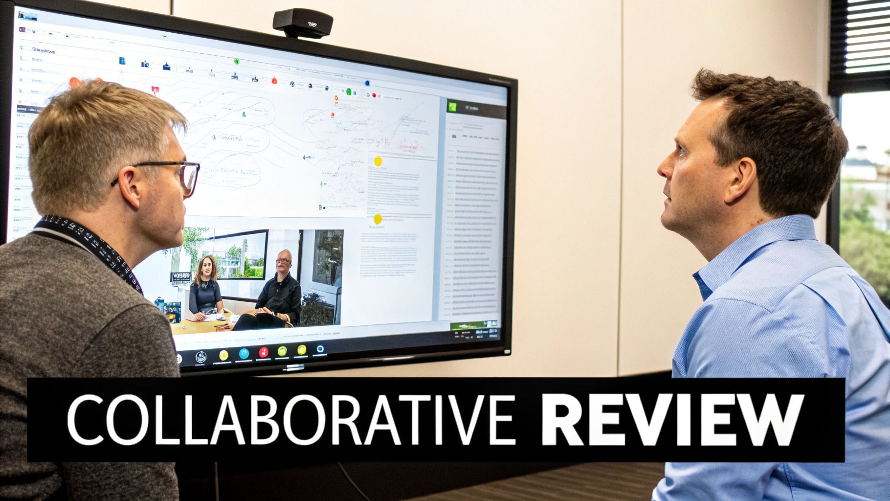 Two men engage in a collaborative review, looking at a large screen displaying a mind map, documents, and a video call.