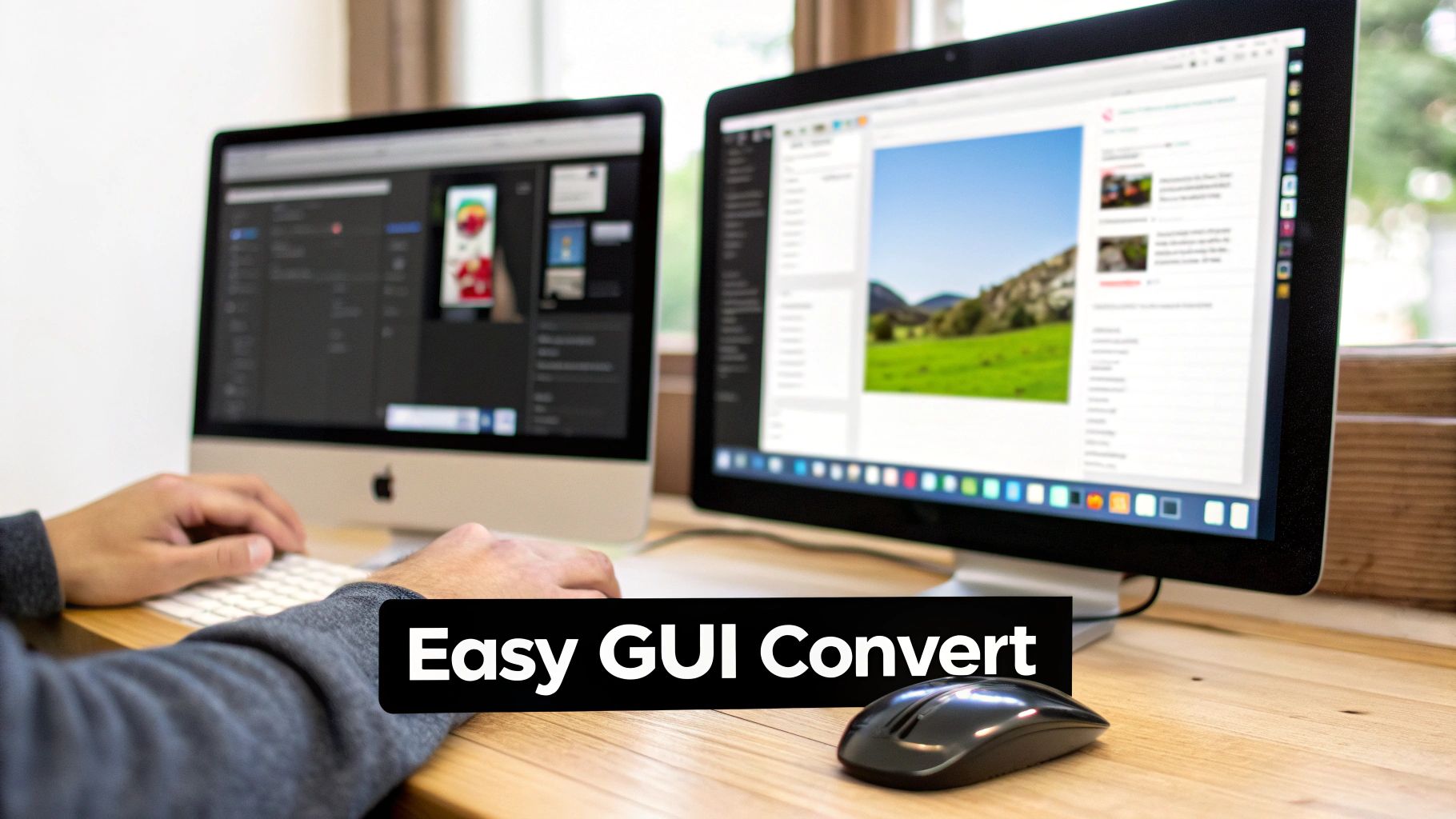 A person working on two computers with keyboards and a mouse, showcasing graphical user interfaces for conversion.