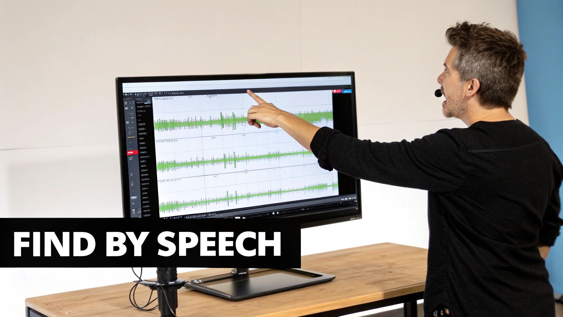 A man wearing a headset points at a monitor displaying audio waveforms for speech analysis.