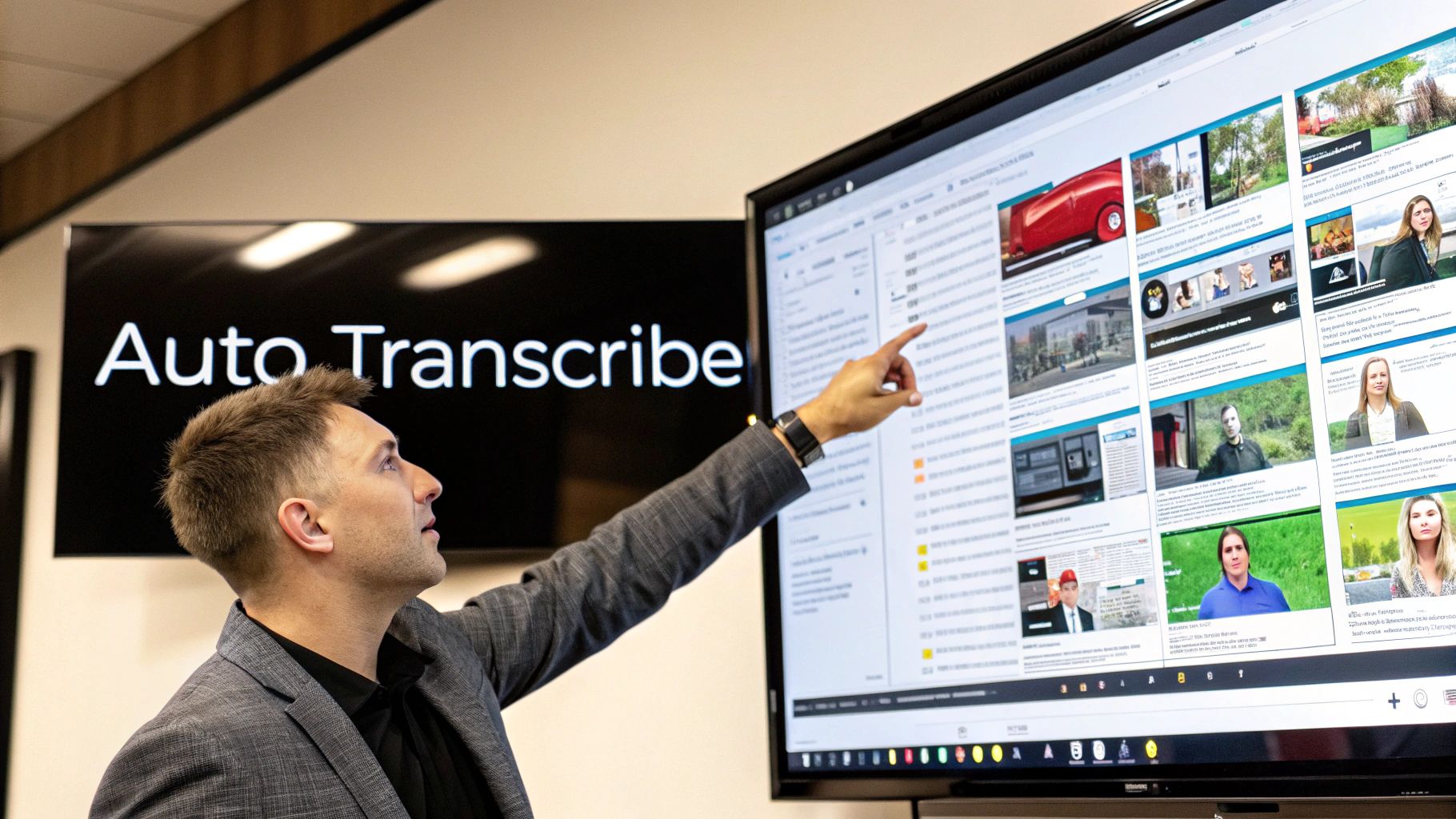 A man in a grey blazer points at a large monitor displaying diverse digital content and videos.