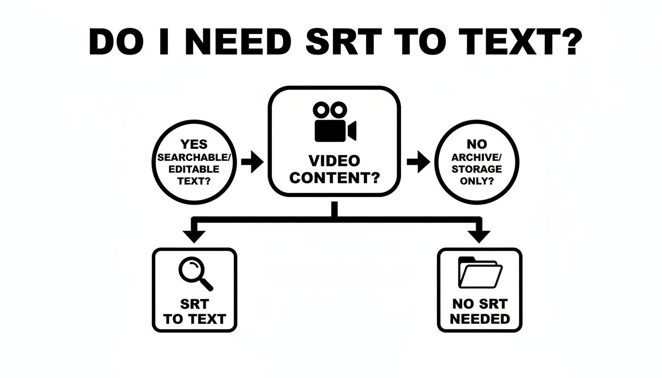 Flowchart on whether SRT to text conversion is needed for video content based on searchability and archiving.