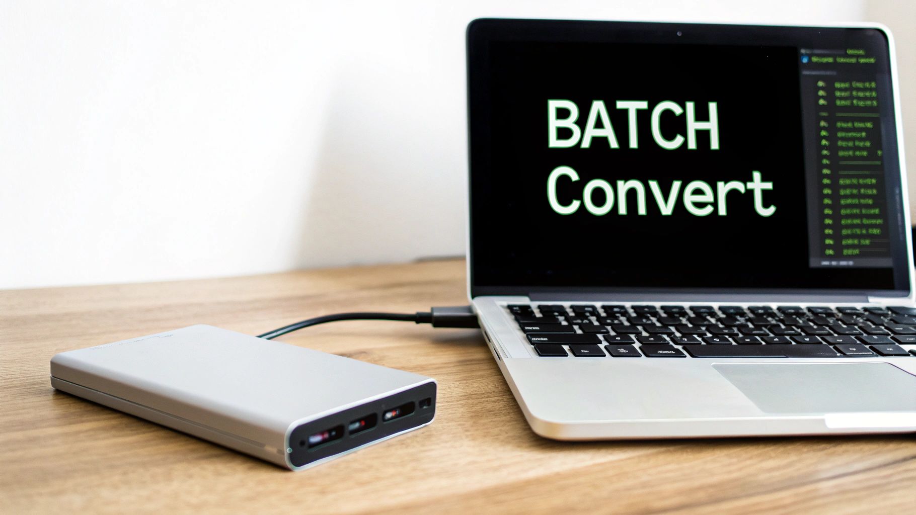 A silver laptop displaying 'BATCH Convert' on its screen, connected to an external drive on a wooden desk.