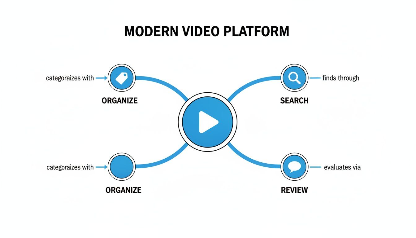Infographic illustrates a modern video platform's core functions: organizing, searching, and reviewing content.