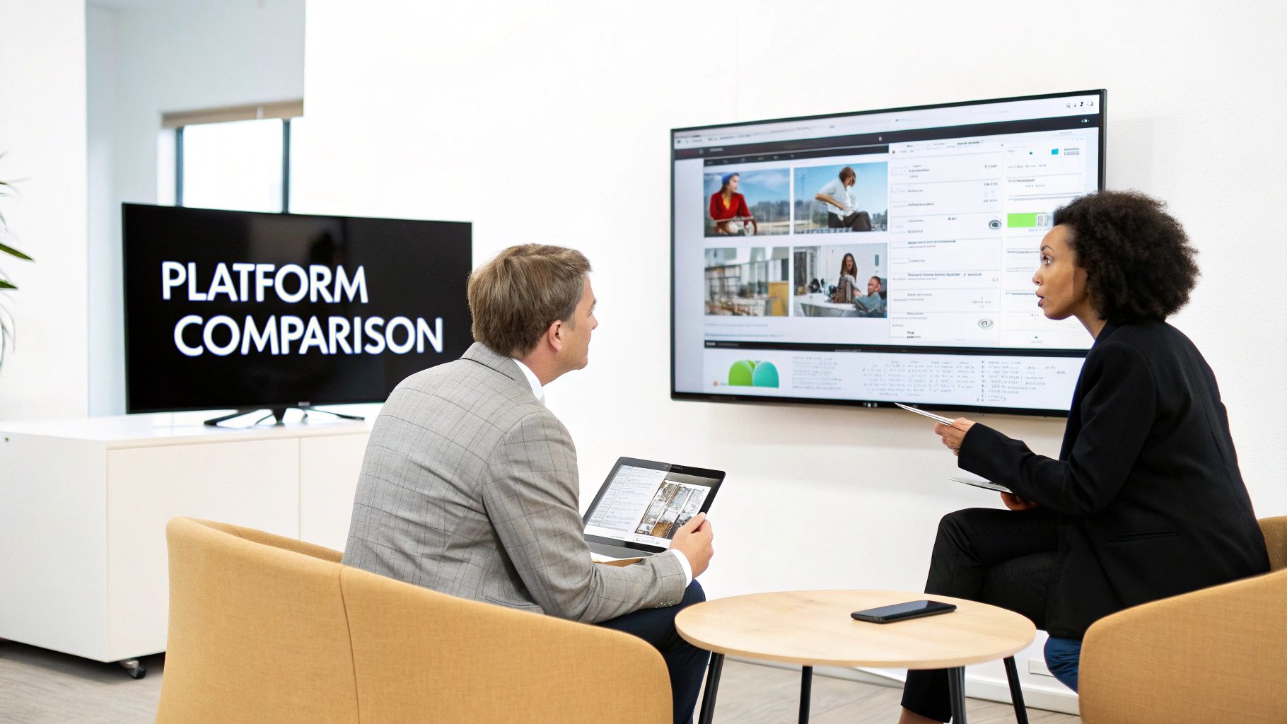 Two business professionals discussing data and platform comparison on multiple screens in an office.